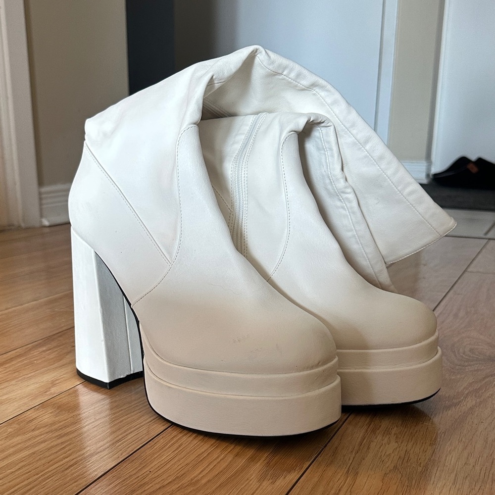 PrettyLittleThing White Platform Block Heel Ankle Boots